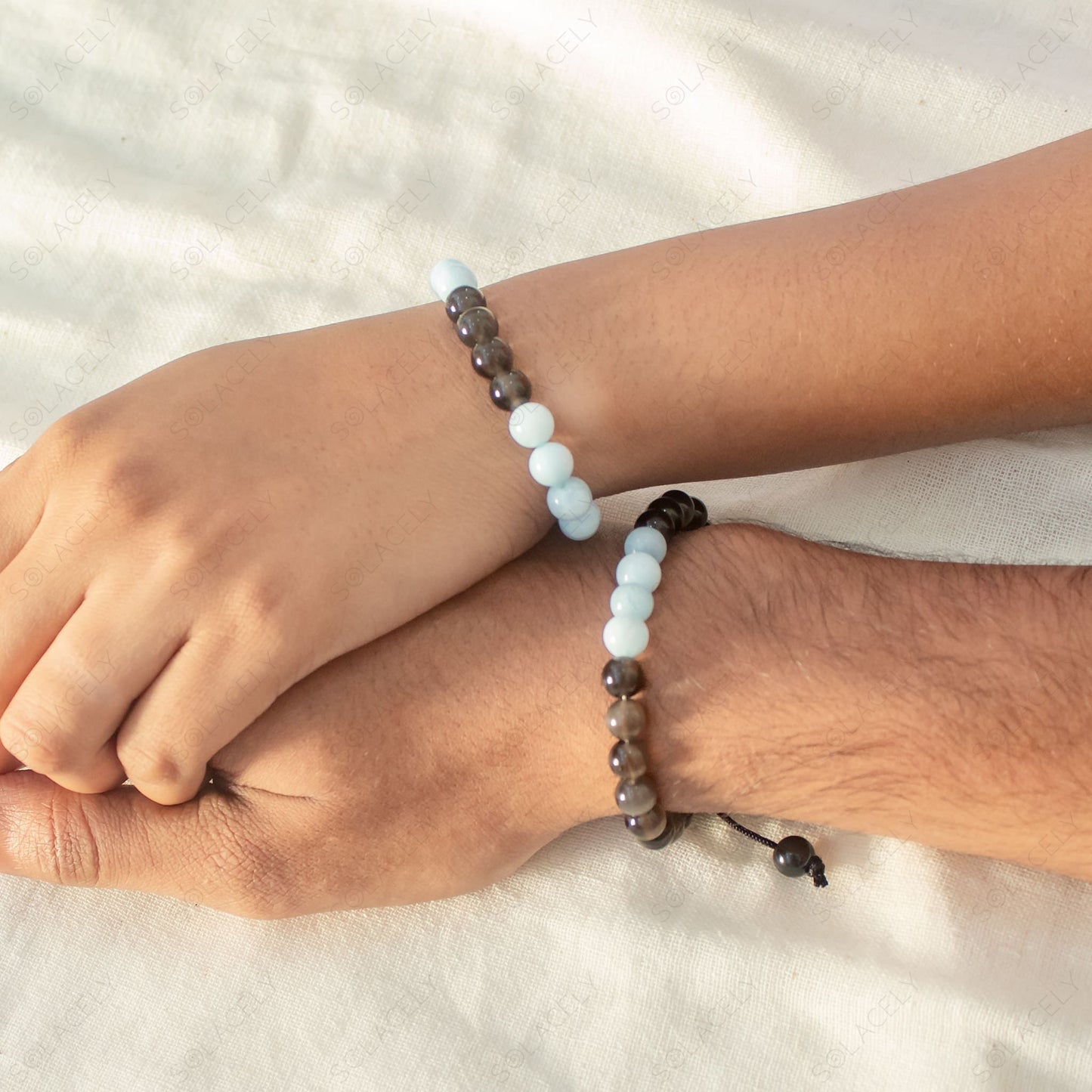 cute adjustable aquamarine and black obsidian couple bracelet