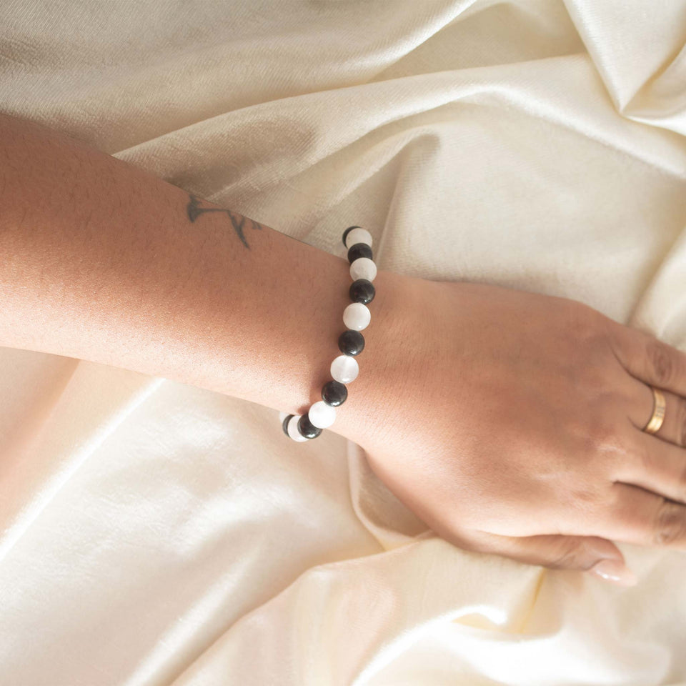 8mm black tourmaline and selenite bracelet