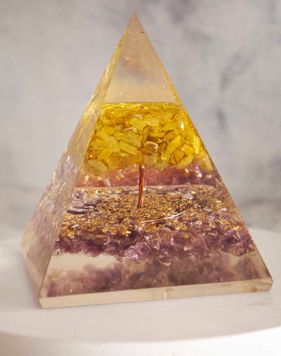 amethyst orgone pyramid with citrine tree of life