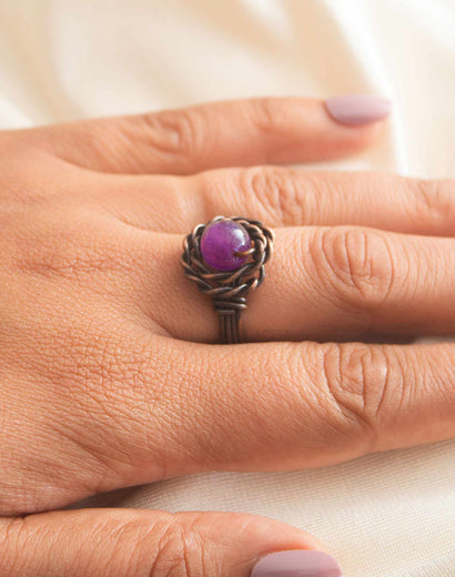 Antique Copper Wire Wrapped Ring with Amethyst Stone