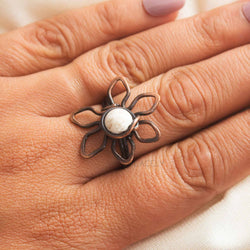 Antique Copper Wire Wrapped Flower Ring with Howlite Stone