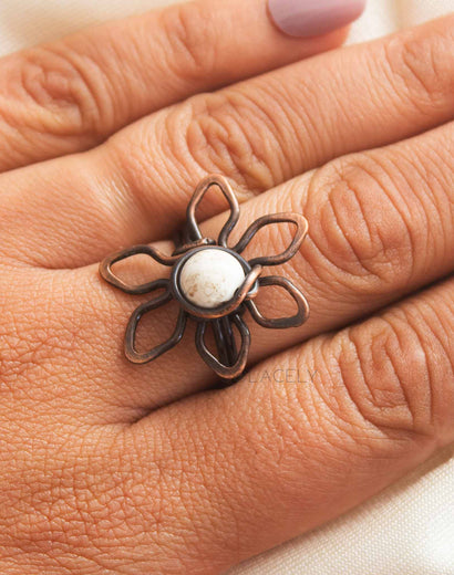Antique Copper Wire Wrapped Flower Ring with Howlite Stone