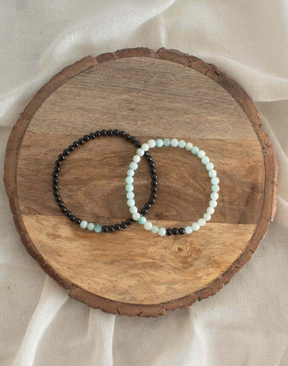 Amazonite and Black Tourmaline Couple Bracelet 4mm Beads