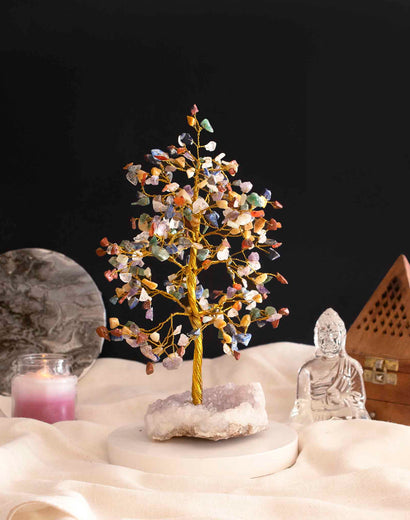 Seven Chakra Crystal Tree Of Life With Clear Quartz Amethyst Cluster Base