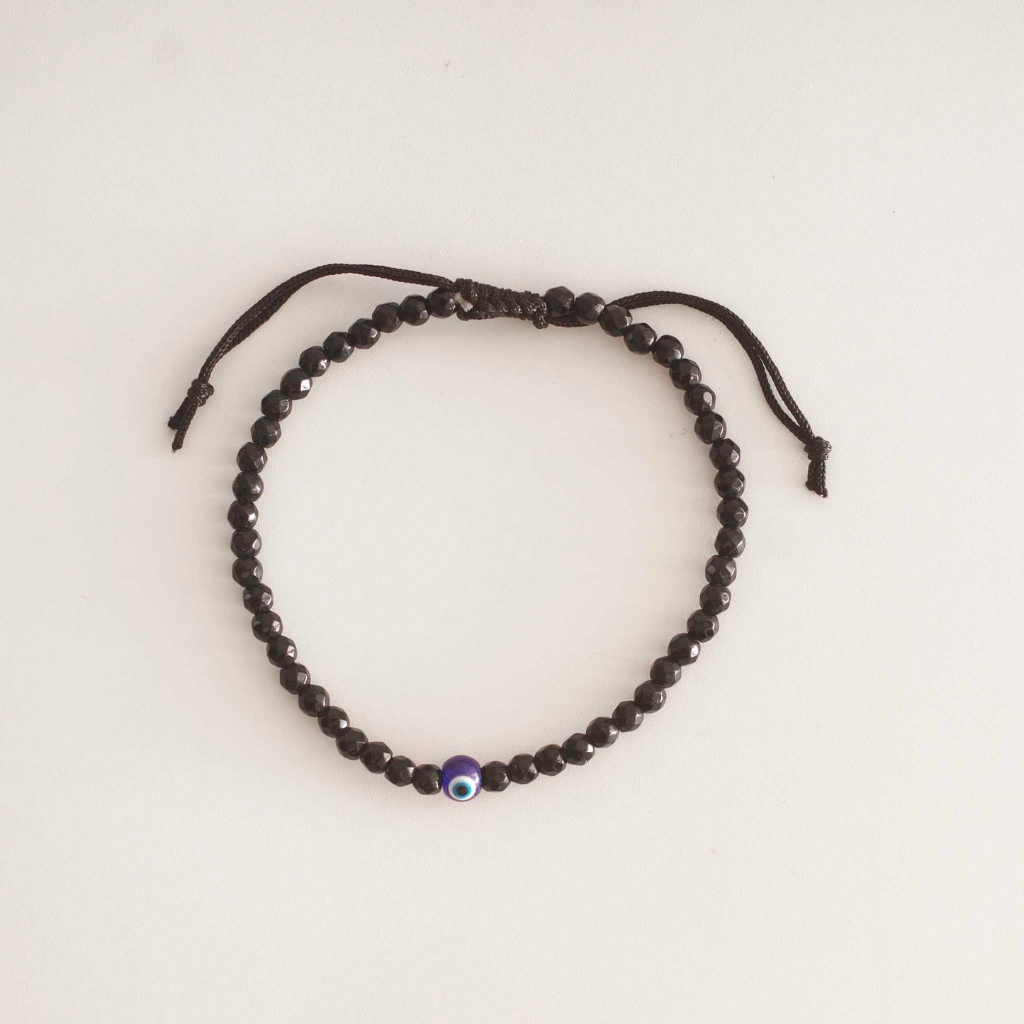 Black Tourmaline Anklet with Evil Eye and 4mm Faceted Beads