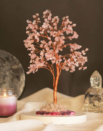 Rose Quartz Crystal Tree of Life with Agate Base