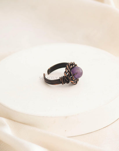 Antique Copper Wire Wrapped Ring with Amethyst Stone