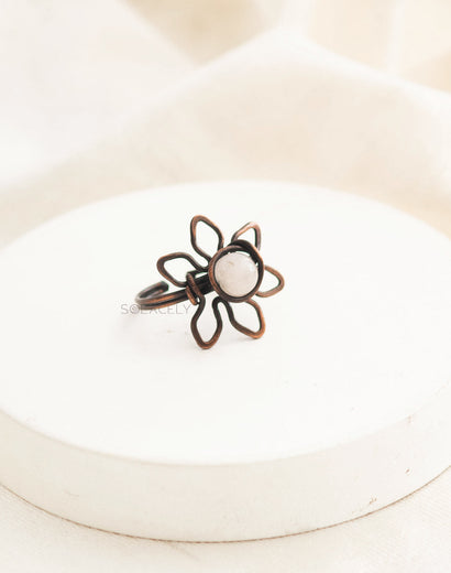Antique Copper Wire Wrapped Flower Ring with Rose Quartz Stone