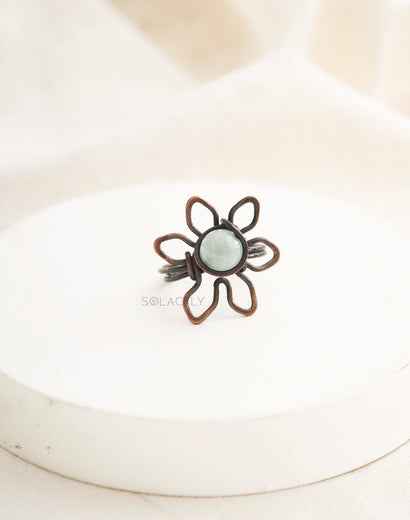Antique Copper Wire Wrapped Flower Ring with Aquamarine Stone