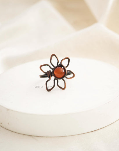 Antique Copper Wire Wrapped Flower Ring with Carnelian Stone