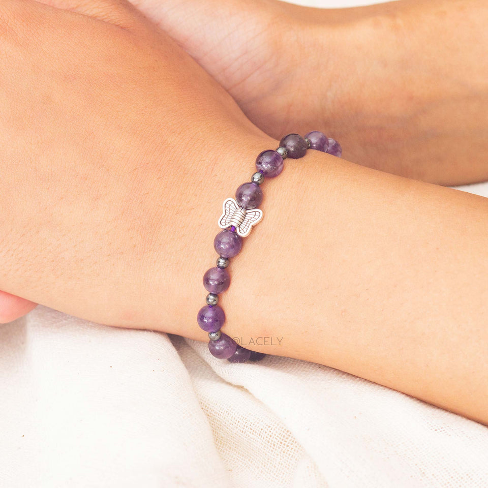 Amethyst Bracelet With Silver Butterfly Charm-6mm Beads
