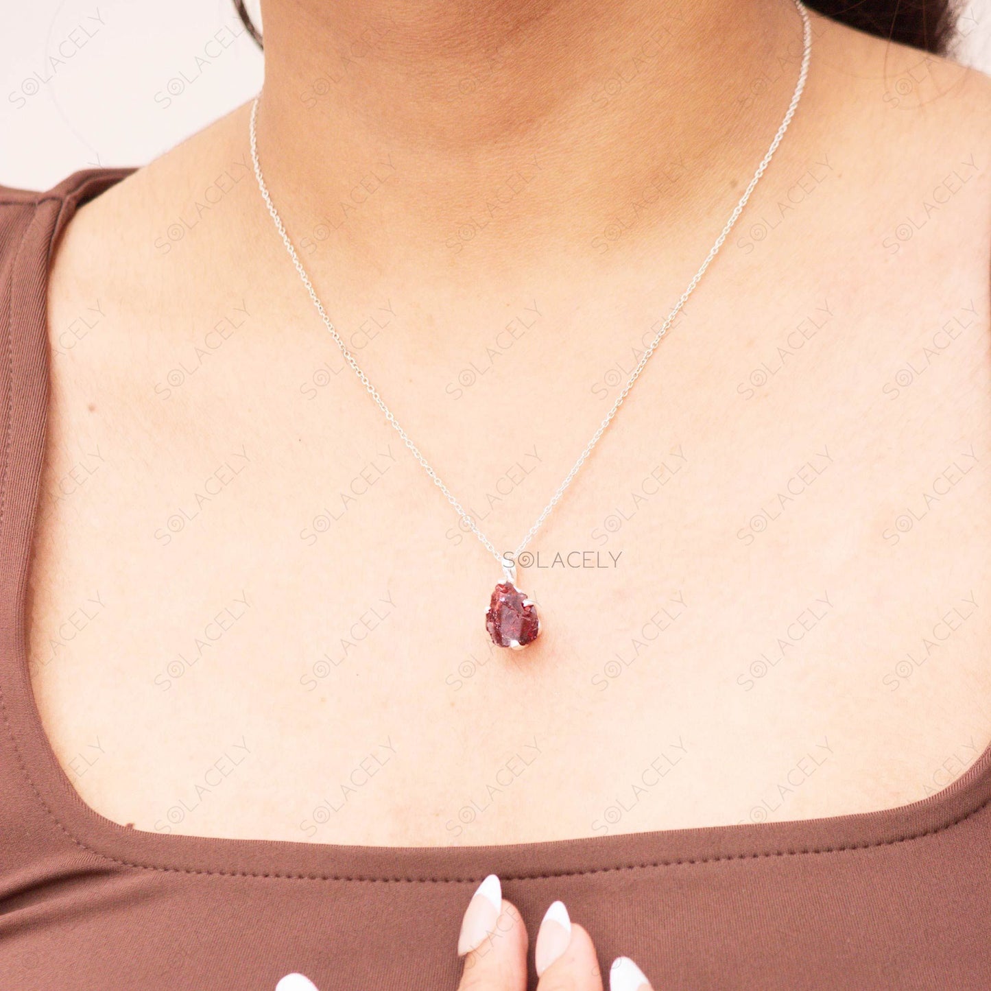 Raw Red Garnet Sterling Silver Necklace