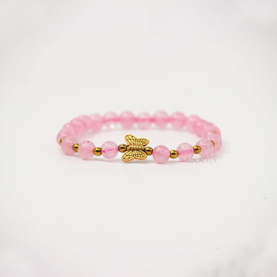 Rose Quartz Bracelet With Golden Butterfly Charm - 6mm Beads