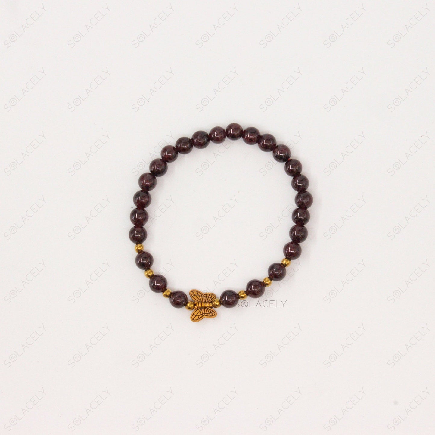 Red Garnet Bracelet With Golden Butterfly Charm - 6mm Beads