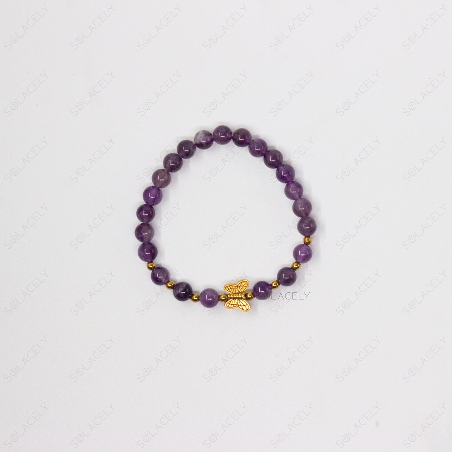 Amethyst Bracelet With Golden Butterfly Charm - 6mm Beads