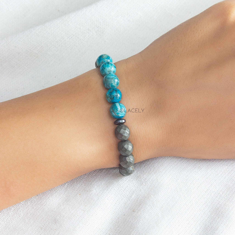 African Turquoise and Faceted Pyrite Bracelet - 8mm Beads