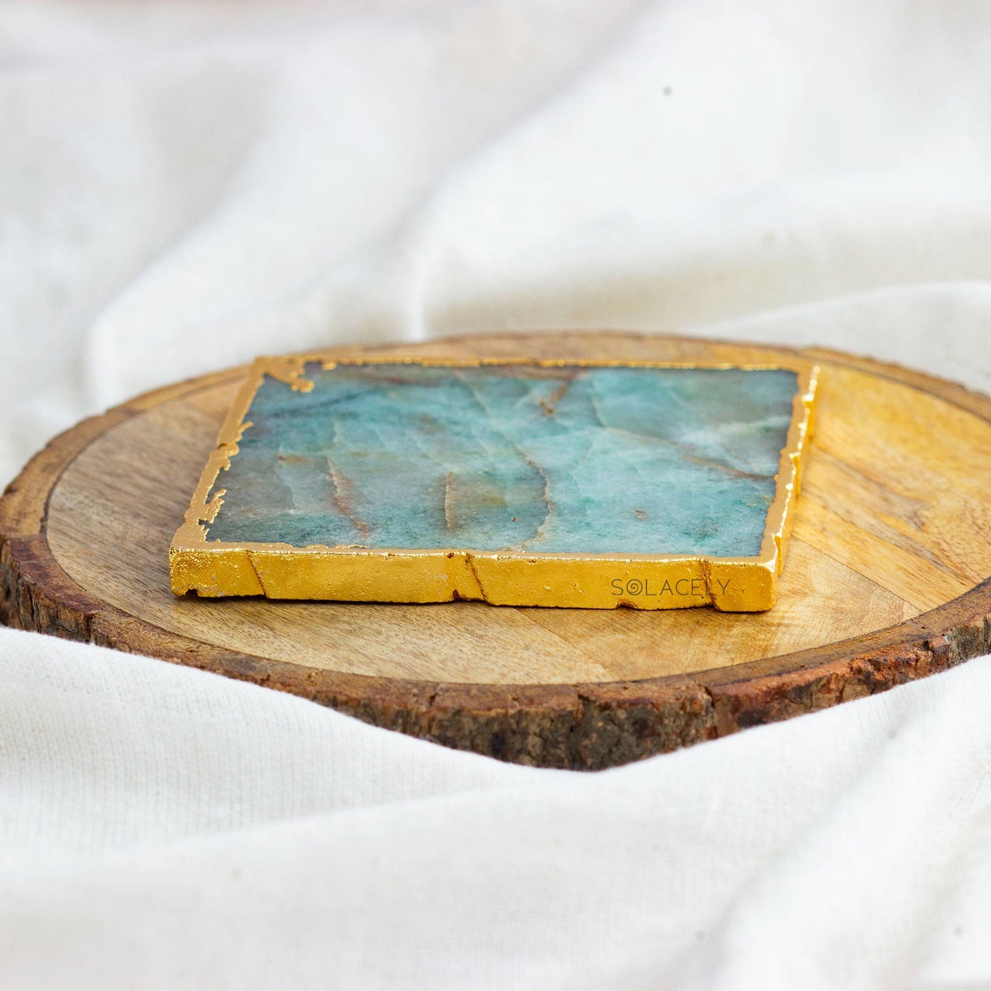 Natural Green Jade Stone Coaster with Golden Edges