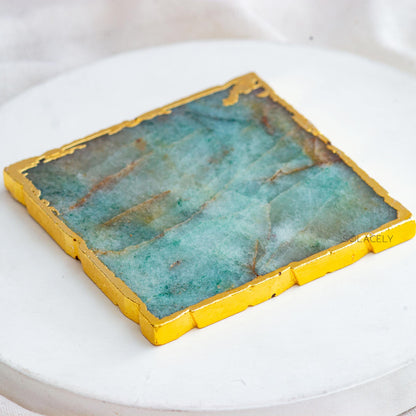 Natural Green Jade Stone Coaster with Golden Edges