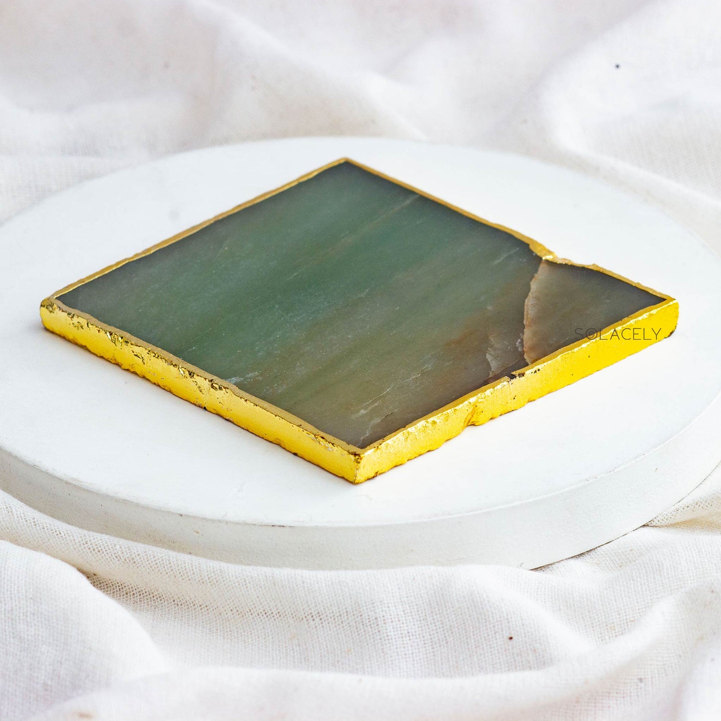 Natural Green Jade Stone Coaster with Golden Edges