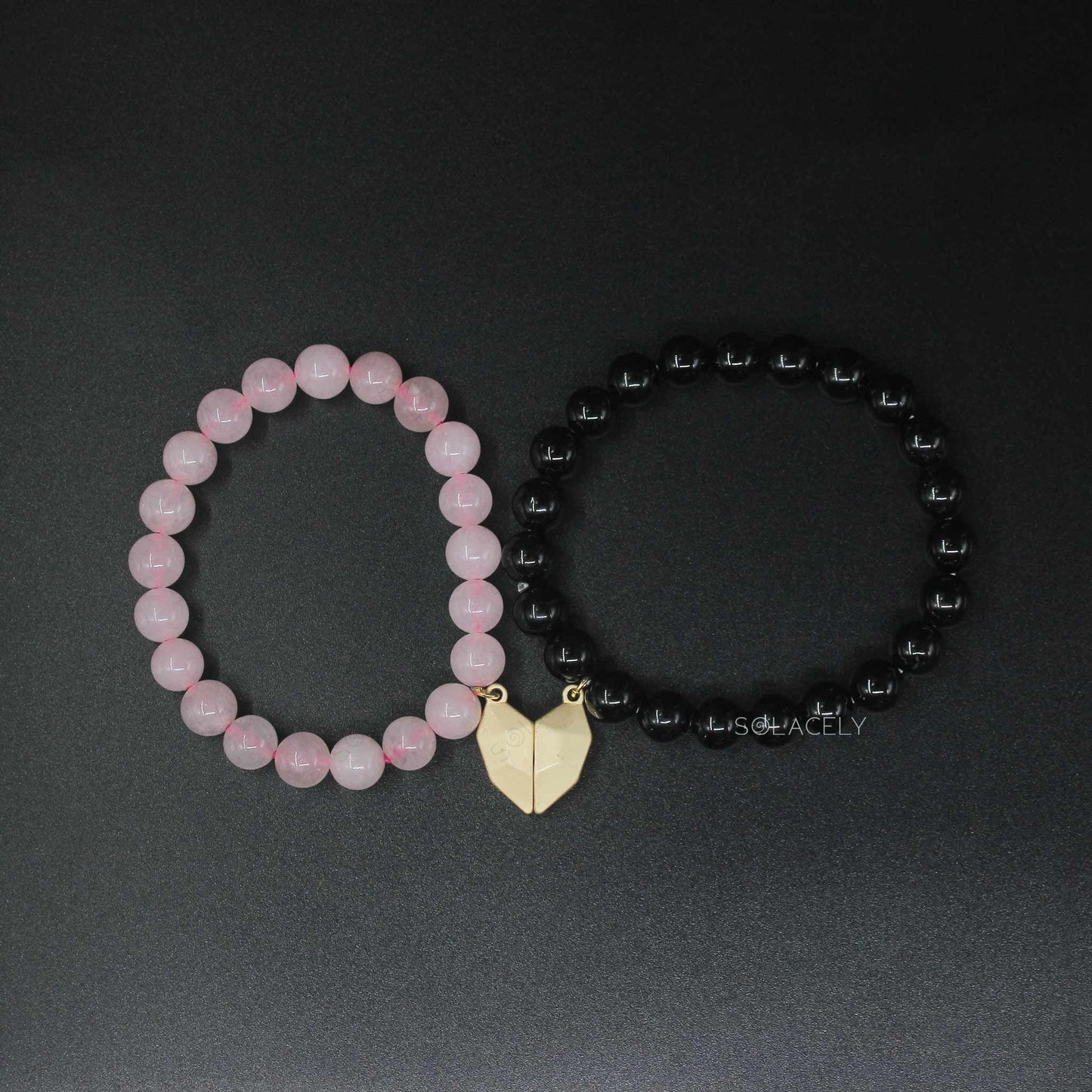 Magnetic Bracelet for Couple with Authentic Rose Quartz and Black Tourmaline Beads