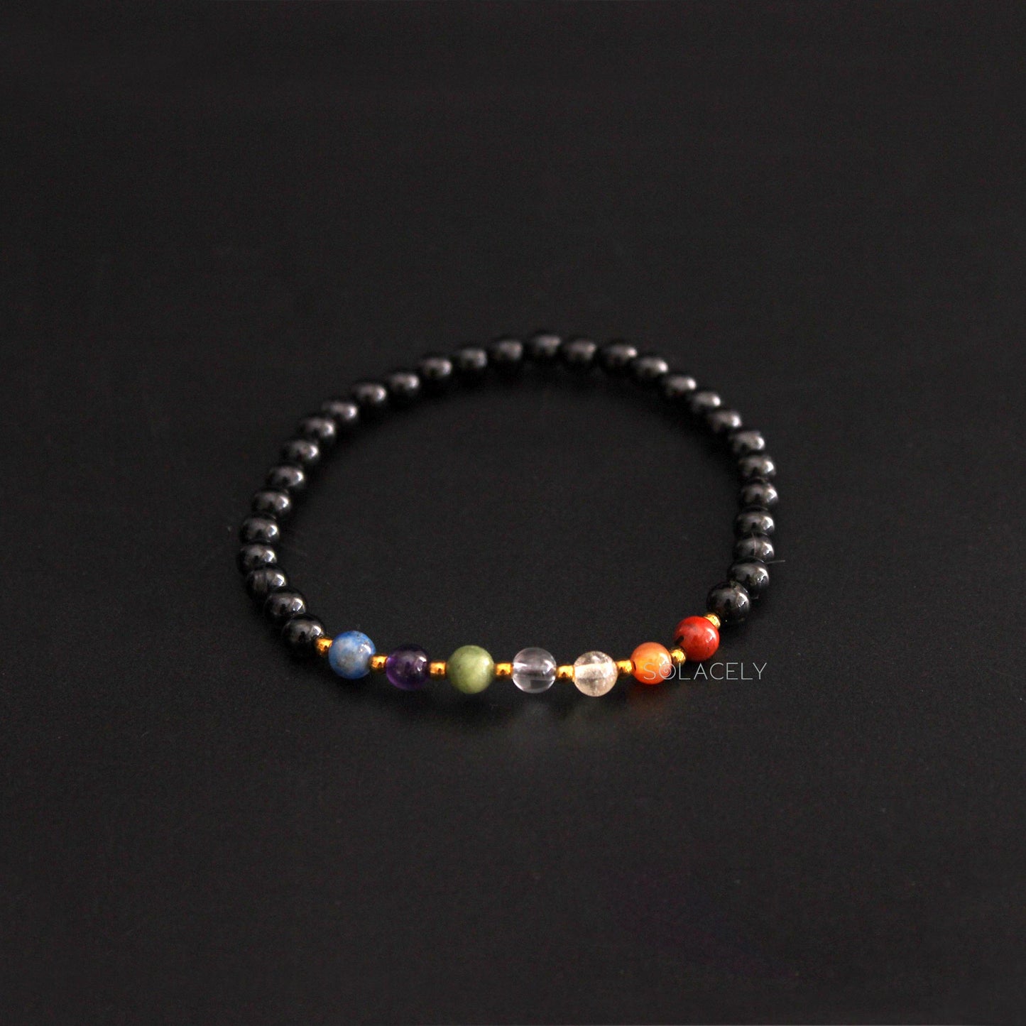 Seven Chakra Bracelet with Black Tourmaline - 4mm Beads