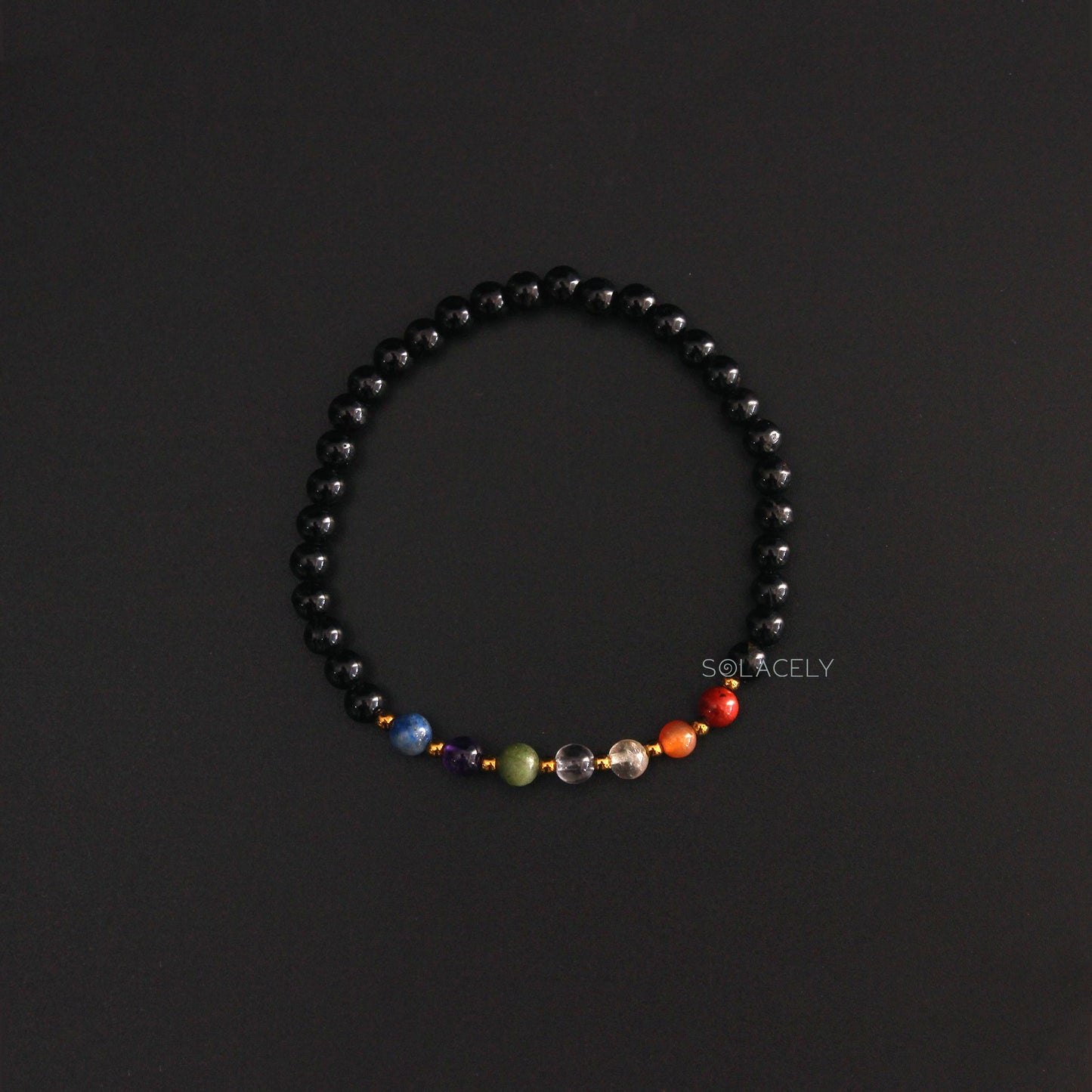 Seven Chakra Bracelet with Black Tourmaline - 4mm Beads