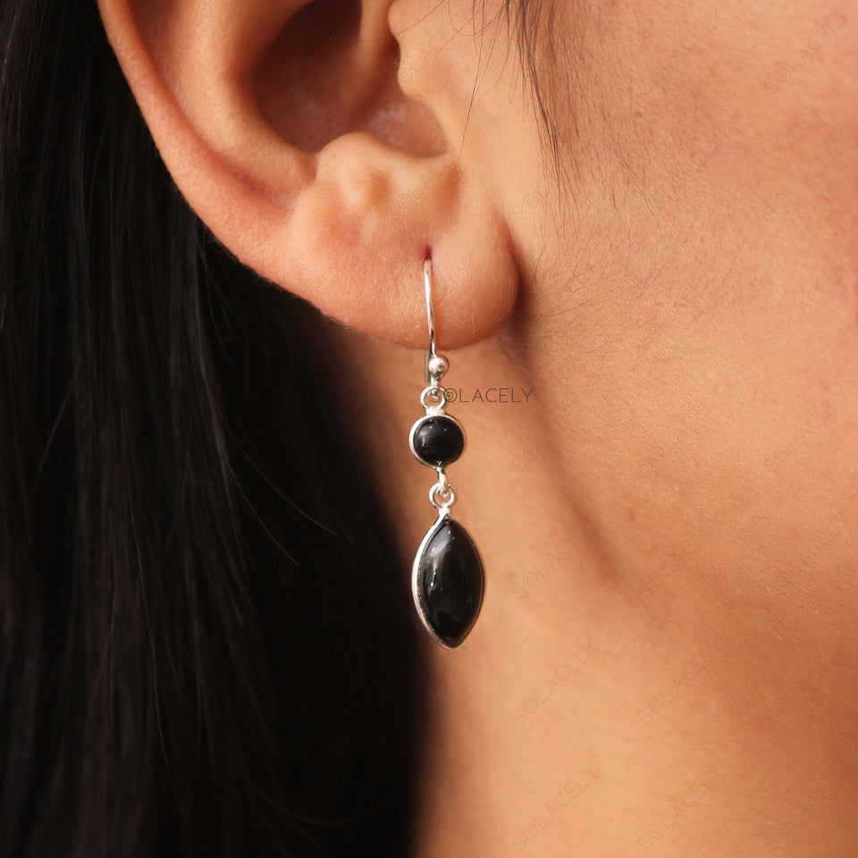 Marquise Black Onyx Sterling Silver Crystal Earrings