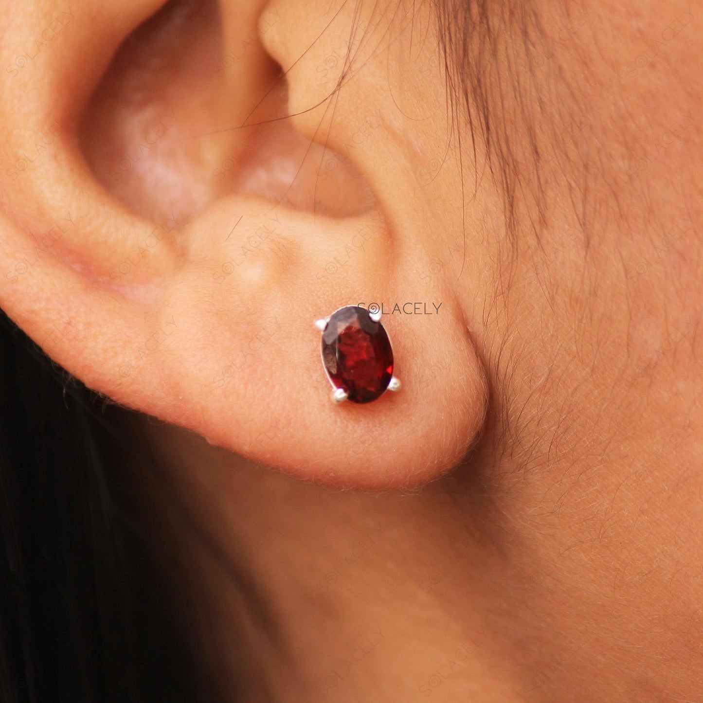 Dainty Red Garnet Sterling Silver Stud Earrings