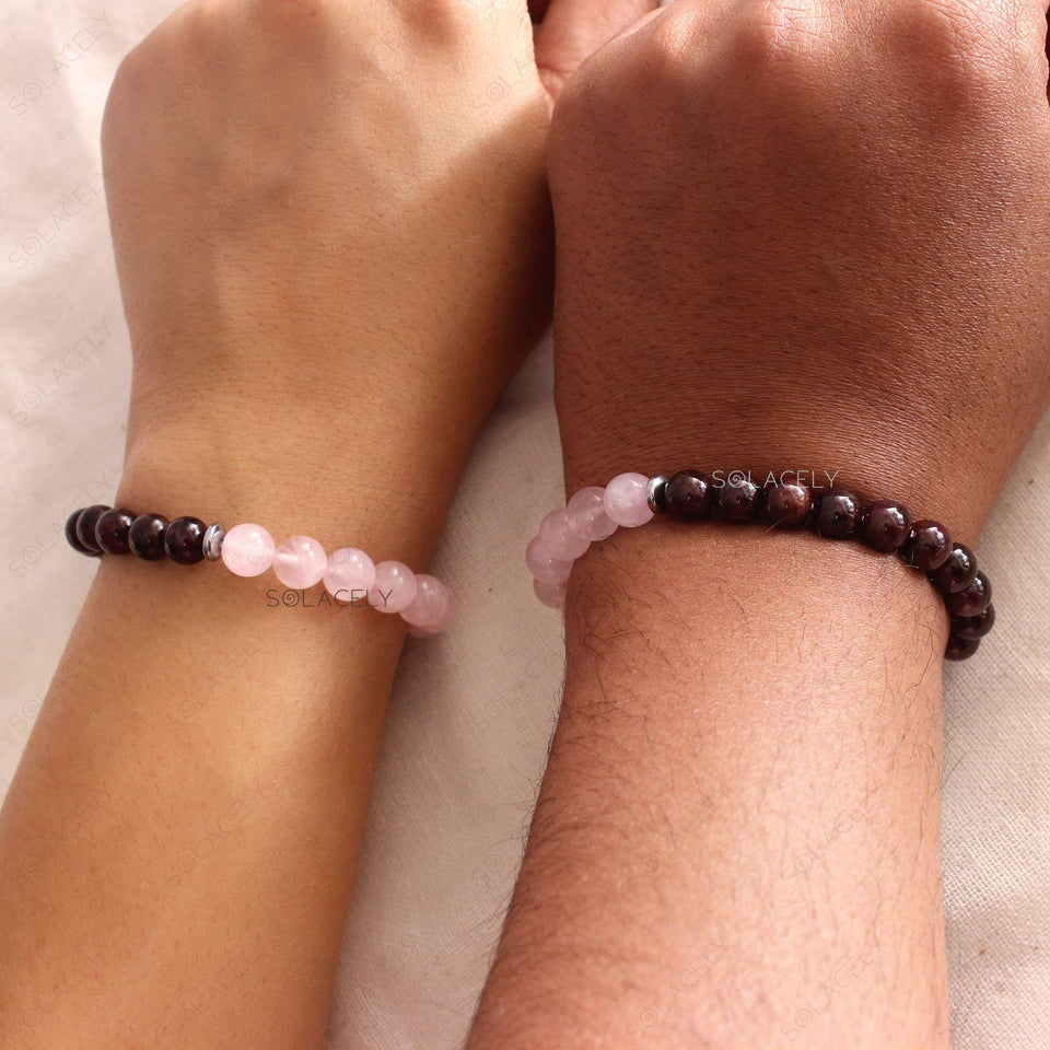 Rose Quartz and Red Garnet Crystal Couple Bracelet - 8mm Beads