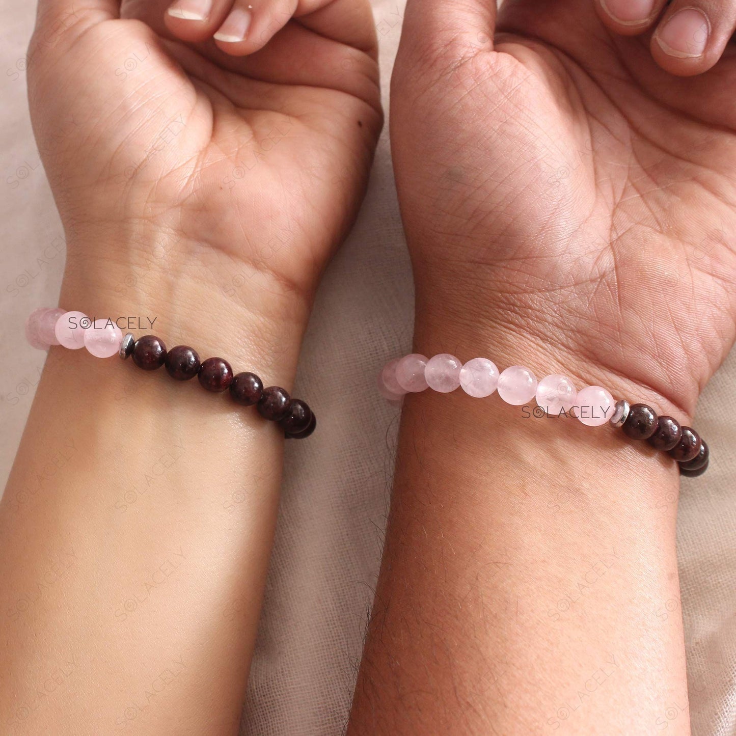 Rose Quartz and Red Garnet Crystal Couple Bracelet - 8mm Beads