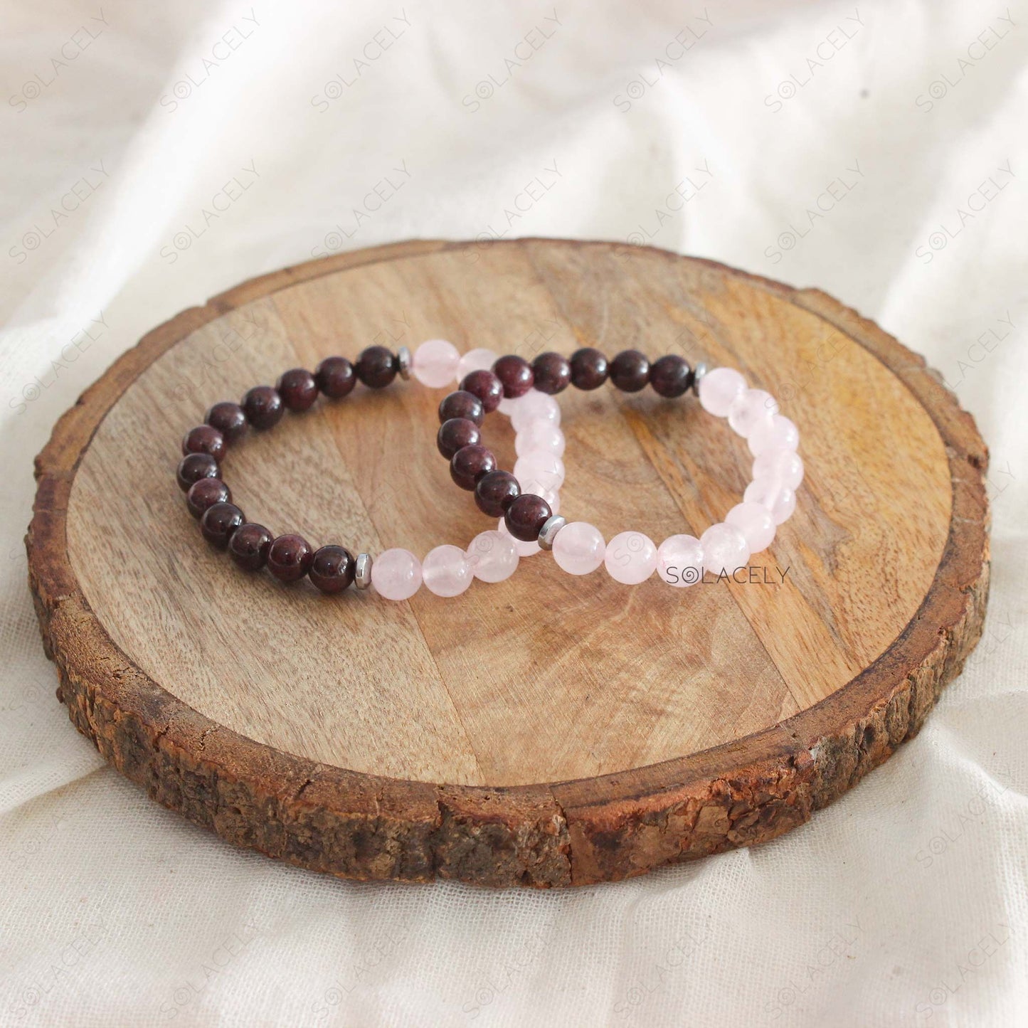 Rose Quartz and Red Garnet Crystal Couple Bracelet - 8mm Beads