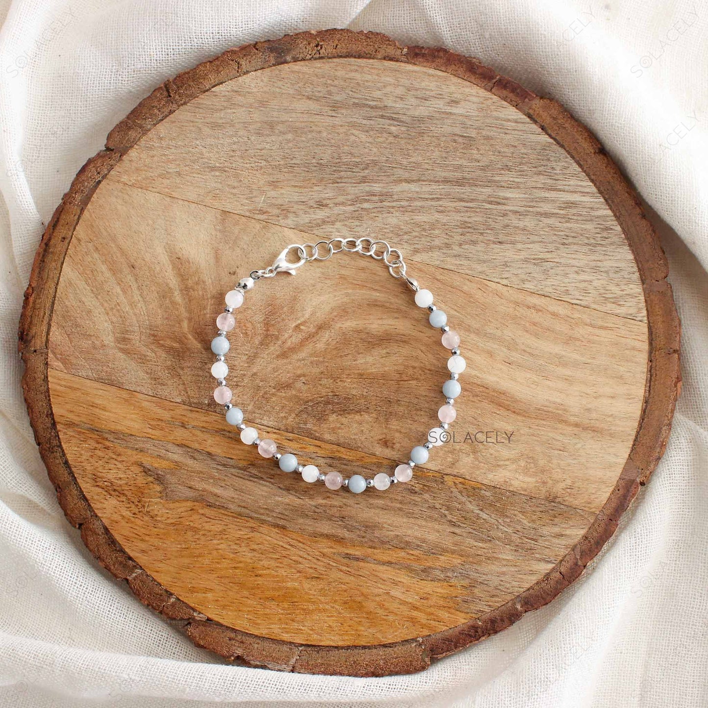 Angelite, Rose Quartz, and Moonstone Beaded Bracelet - Adjustable