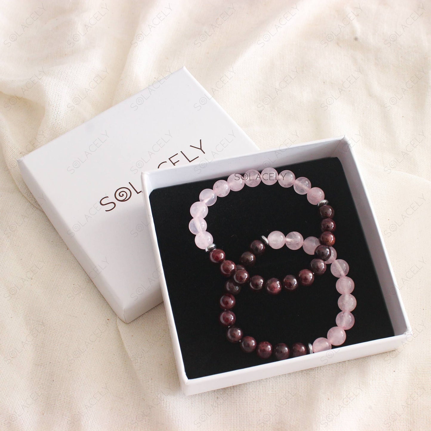 Rose Quartz and Red Garnet Crystal Couple Bracelet - 8mm Beads