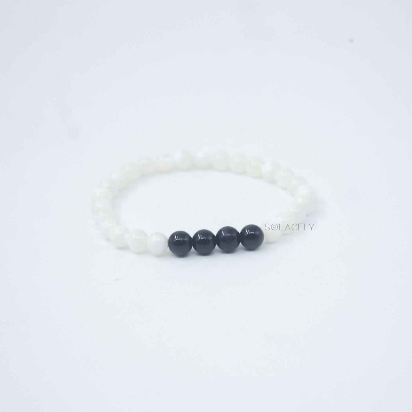 Mother of Pearl and Black Tourmaline Couple Bracelet 6mm Beads