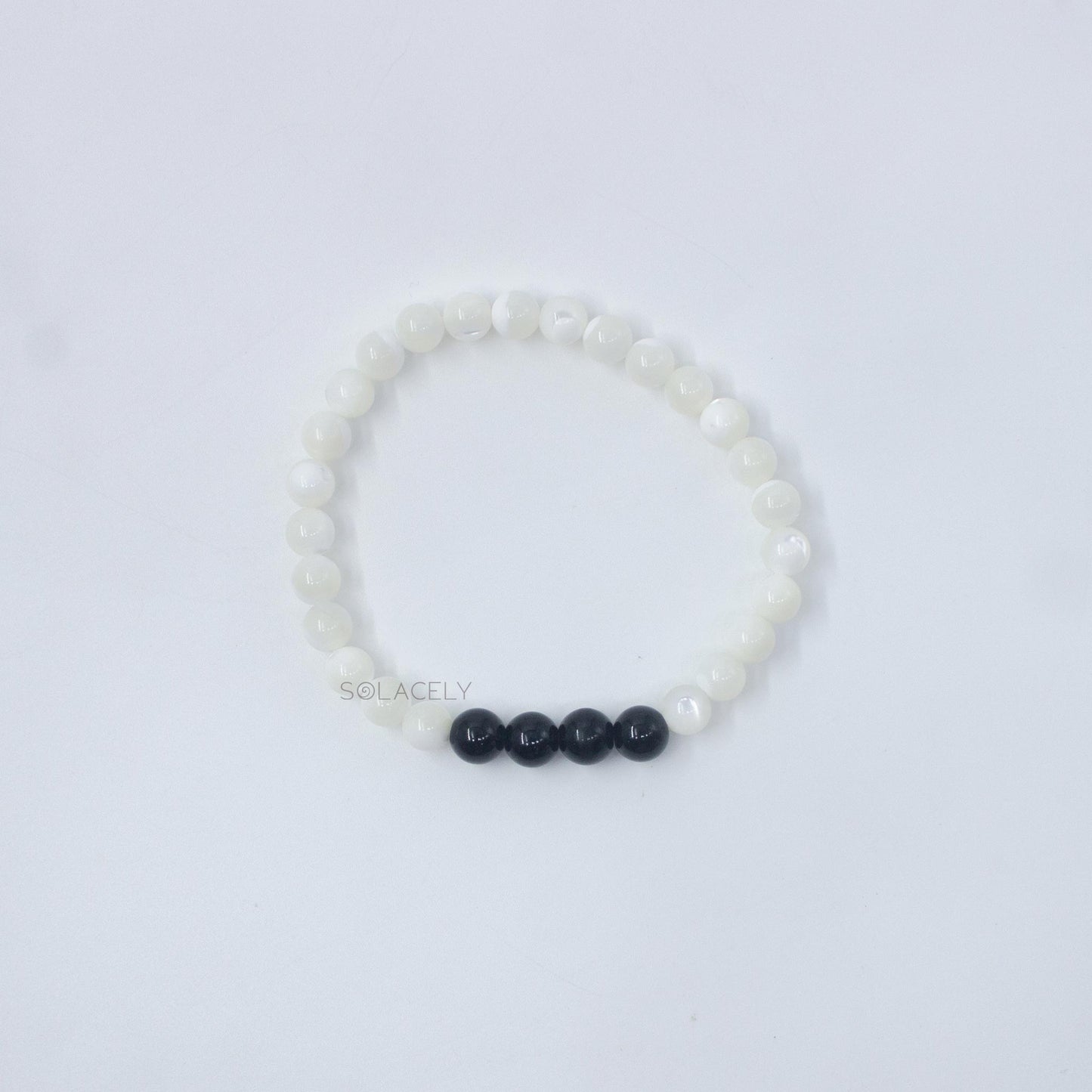 Mother of Pearl and Black Tourmaline Couple Bracelet 6mm Beads