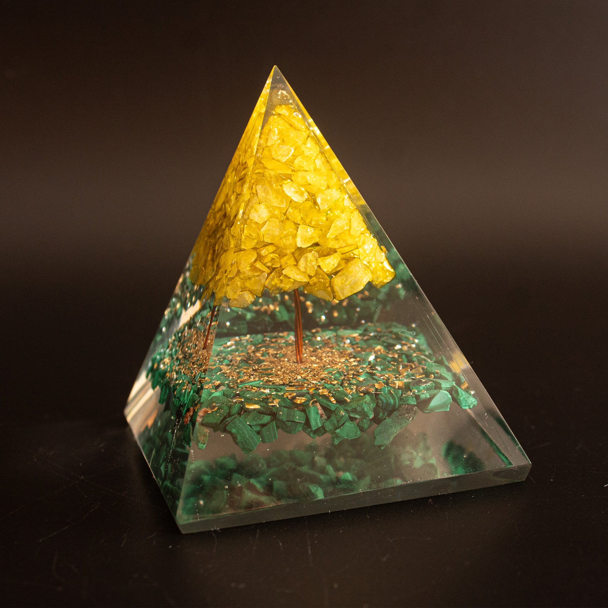 malachite orgone pyramid with citrine tree