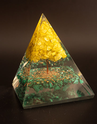 malachite orgone pyramid with citrine tree