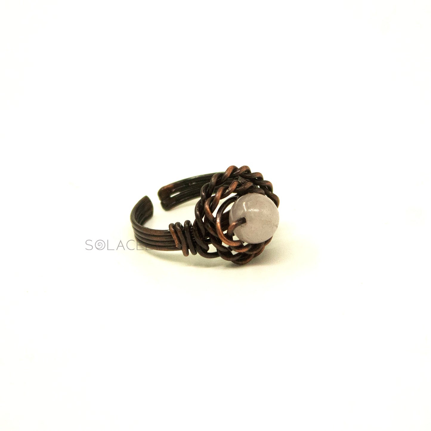 Antique Copper Wire Wrapped Ring with Rose Quartz Stone