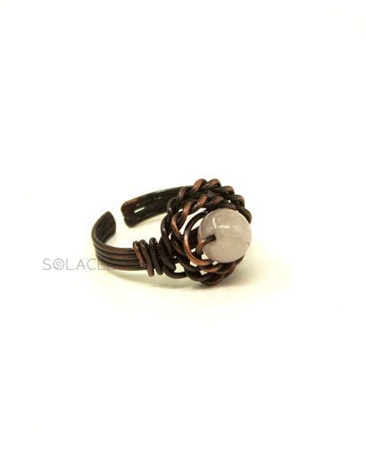 Antique Copper Wire Wrapped Ring with Rose Quartz Stone