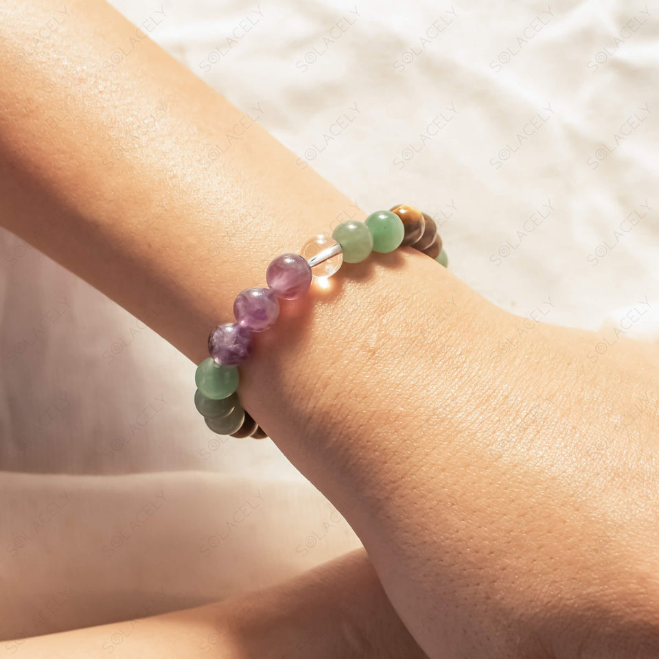 amethyst, green aventurine,, tigers eye and clear quartz bracelet