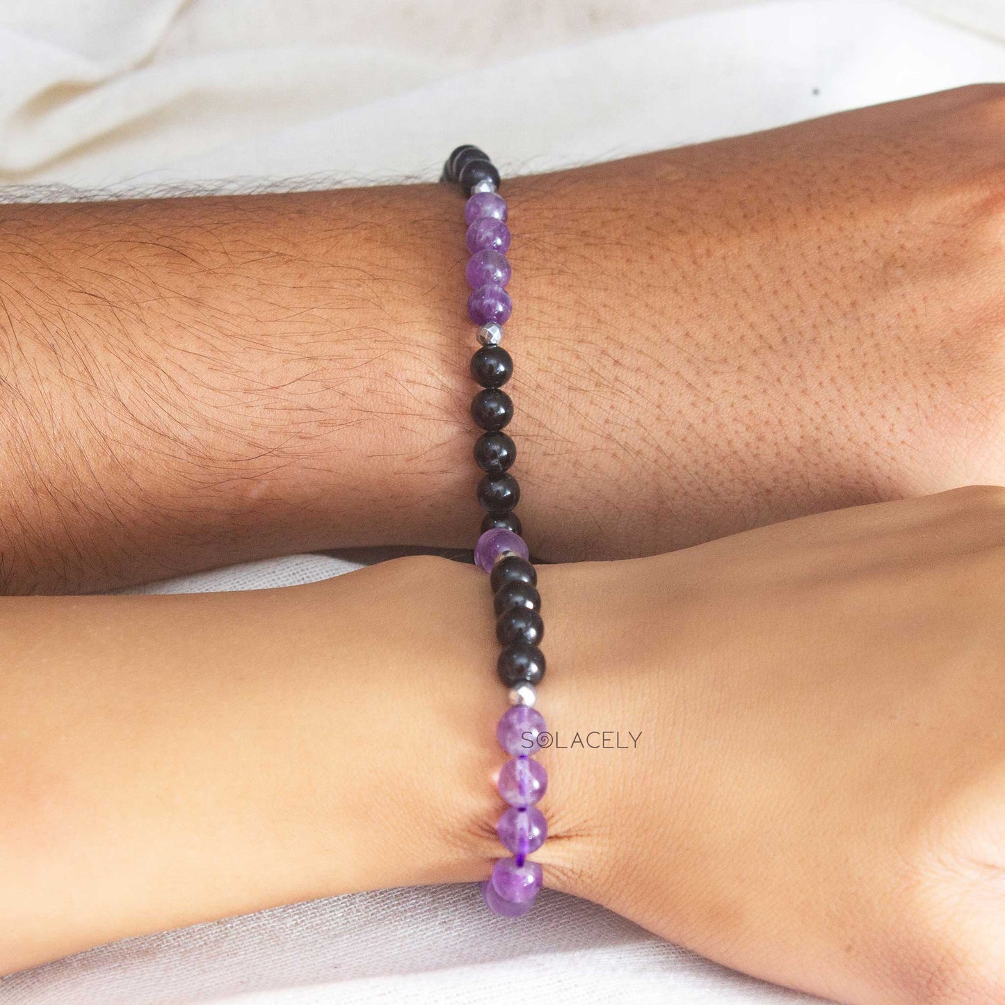 amethyst black tourmaline couple with hematite spacers