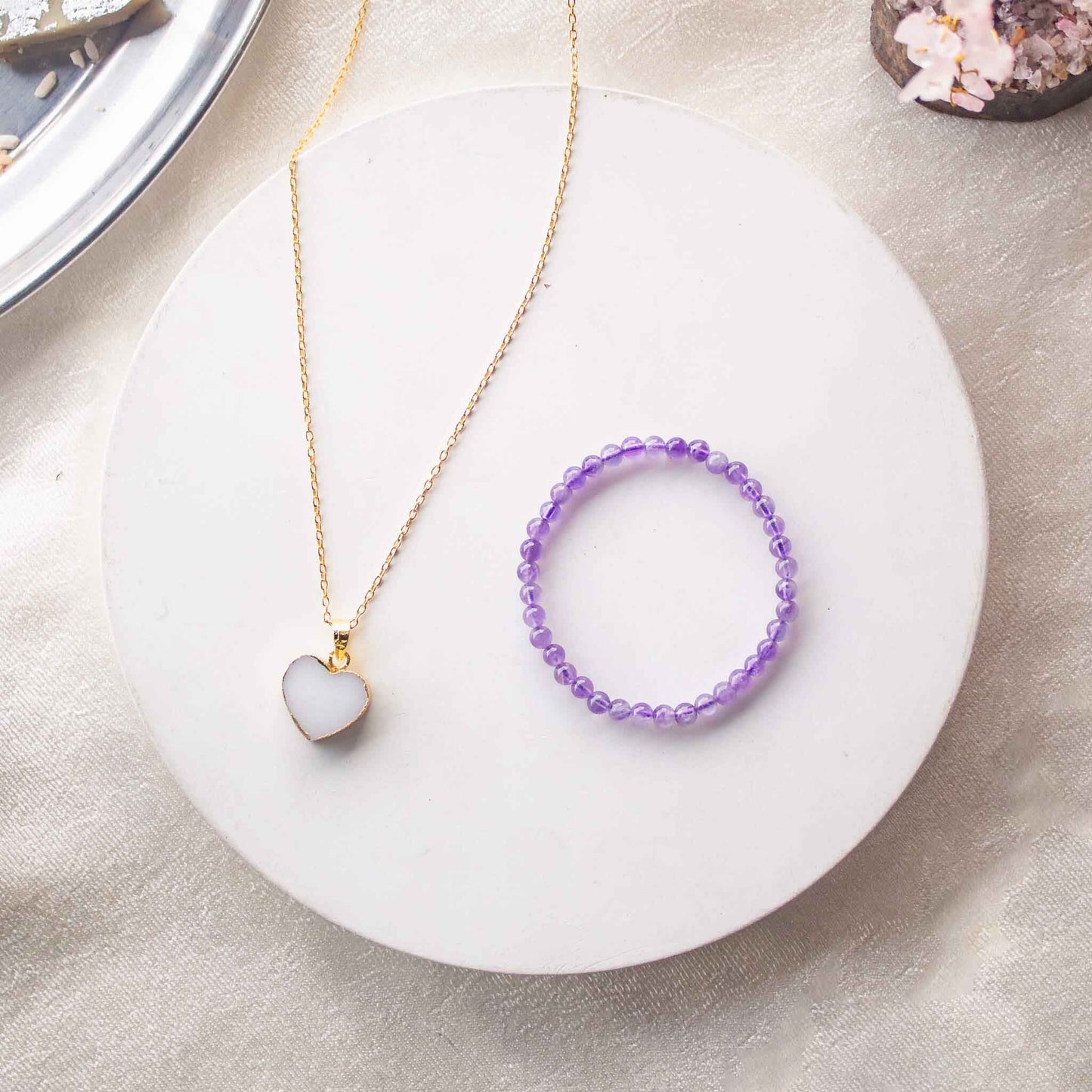 amethyst 4mm beads bracelet and white druzy pendant gift hamper for sister