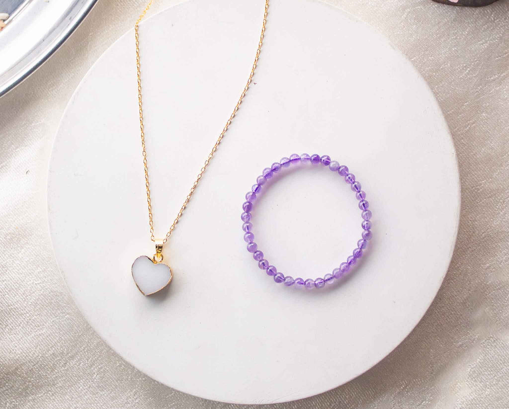 amethyst 4mm beads bracelet and white druzy pendant gift hamper for sister