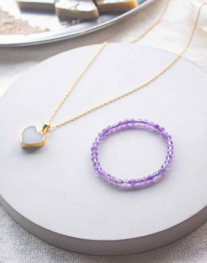 amethyst bracelet 4mm beads and white druzy pendant  rakhi hamper for sister