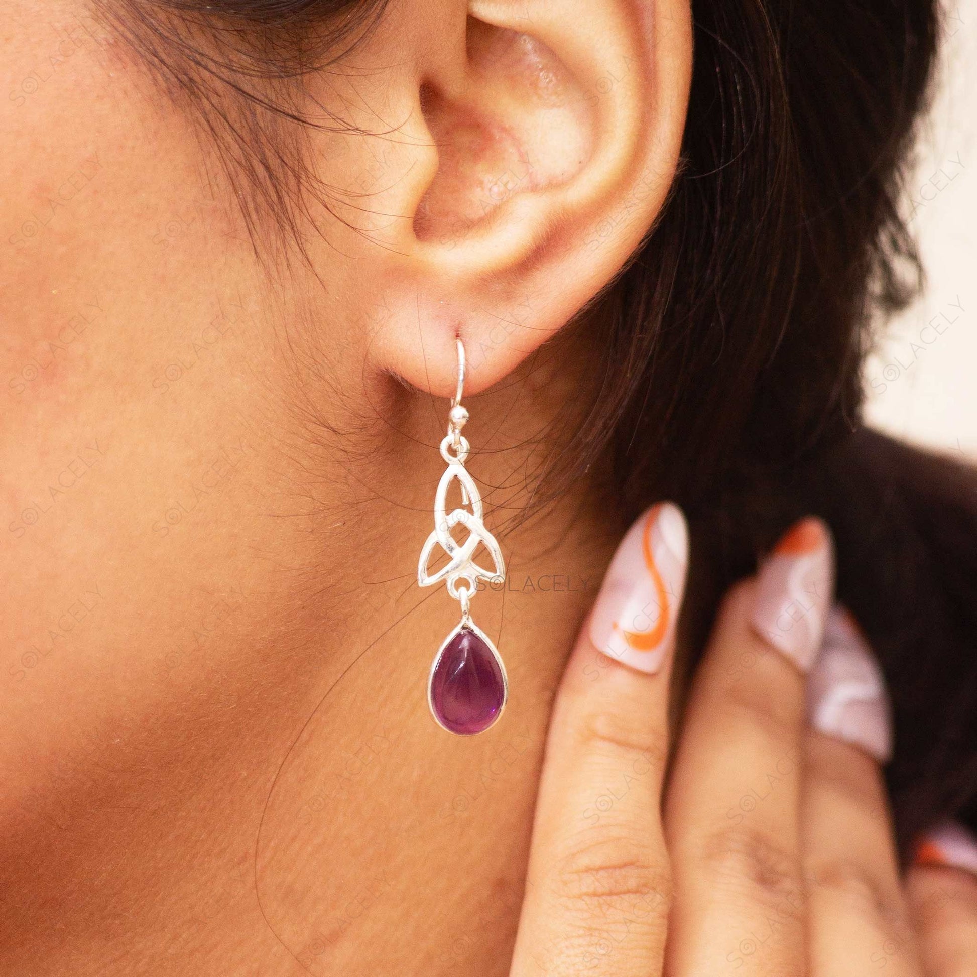 amethyst celtic drop earrings sterling silver