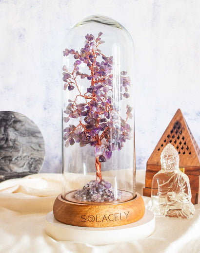 amethyst crystal tree with glass jar