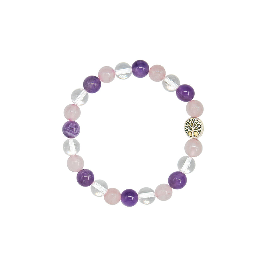 rose quartz, clear quartz and amethyst bracelet with tree of life charm
