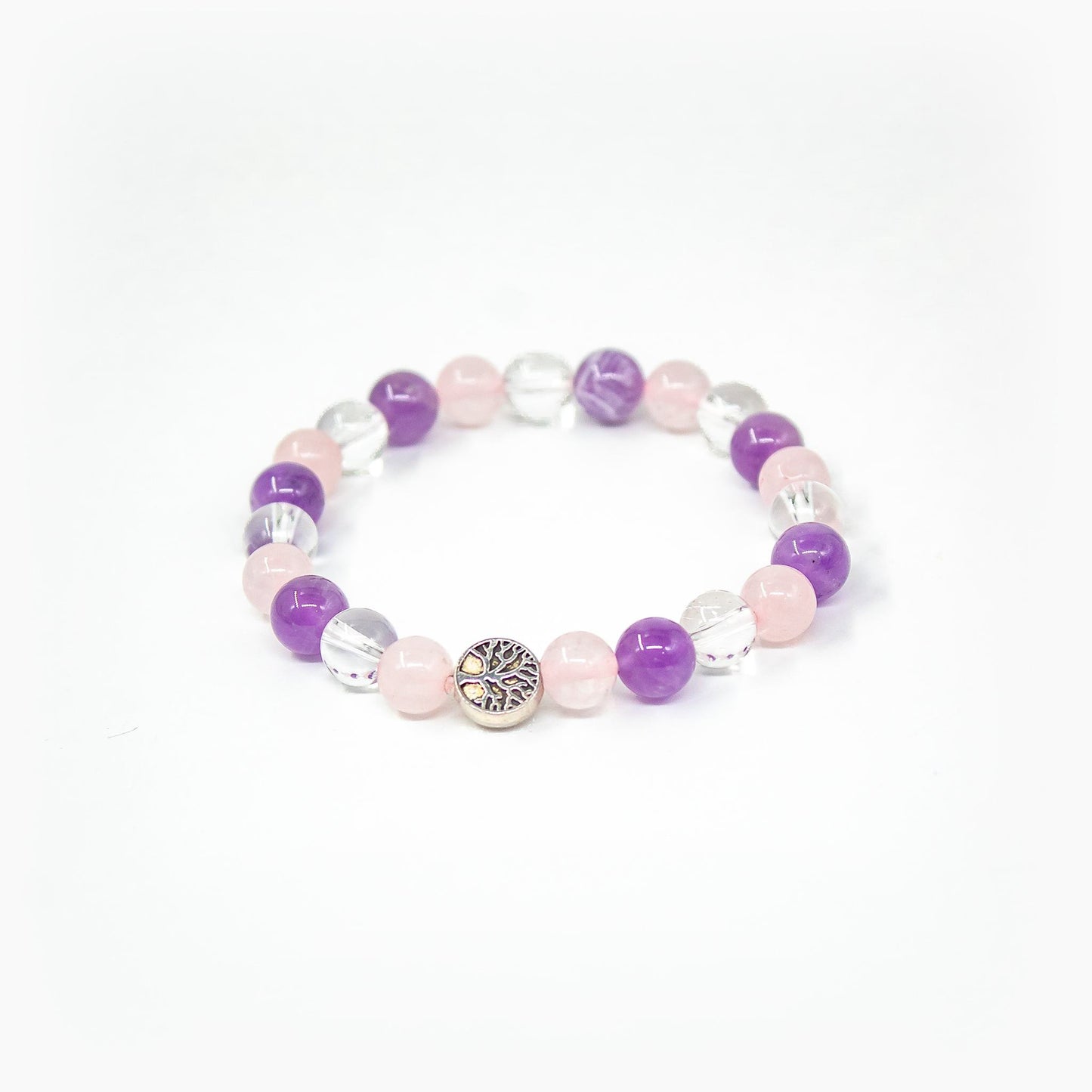 amethyst, rose quartz and clear quartz with tree of life charm