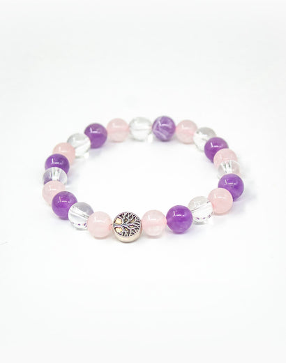 amethyst, rose quartz and clear quartz with tree of life charm