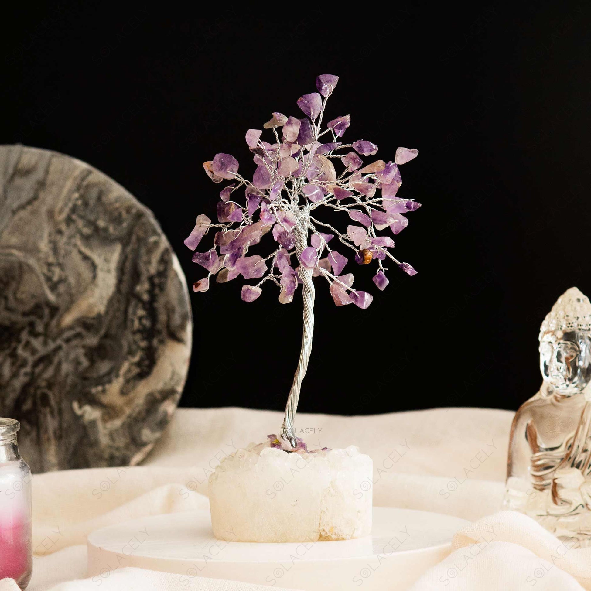 amethyst tree on clear quartz cluster base